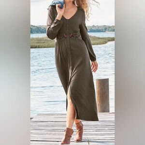 Garnet Hill Midi Dress Long Sleeve Olive Green Embroidery size XL